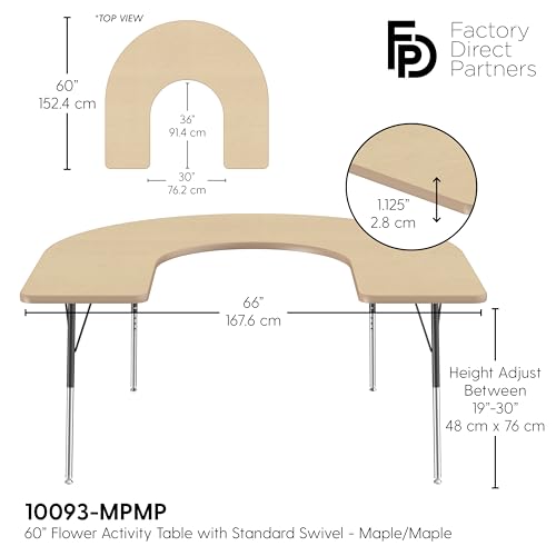 Image of FDP Horseshoe Activity School and Office Table (60 x 66 inch), Standard Legs with Swivel Glides for Collaborative Seating Environments, Adjustable Height 19-30 inches - Maple Top and Maple Edge