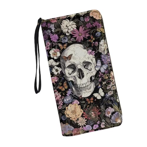 Skull Floral Wallet for Women Large Capacity Wristlet Purse Long Ladies Wallets RFID Blocking Multi Credit Card Holder