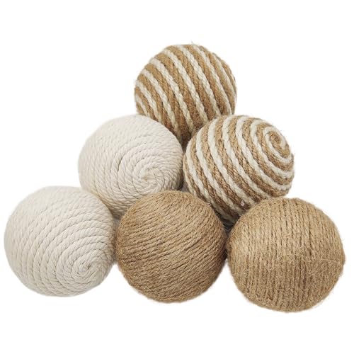6 Pcs Decorative Balls for Bowls, Decorative Ball Set of 6pcs 2.5inch Natural Handmade Jute & Cotton Orbs Balls Rattan Decorative - Mix Beige & White Textured Rattan Decor Ball for Vase Fillers