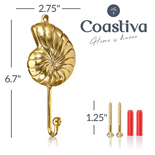 Coastiva Brass Nautilus Shell Decorative Wall Hook, Coastal Home Decor for Towel Holder in Bathroom, Wall Mounted Nautical Style Hooks for Hanging Coat, Robe, Bag, Scarves, Towels, Hat Purse and Key - Image 3