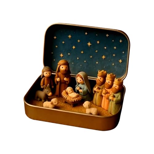 Zegaqae Ensemble De Crèche en Étain, Mini Ensemble De Crèche De Noël | Figurines De Jésus De Noël dans Une Boîte en Étain, pour Bureau L'Étagère Maison Chambre...