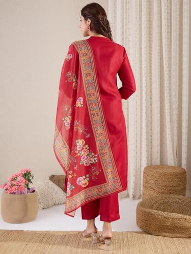 Image of INDO ERA Women's Straight Cotton Blend Ethnic Motifs Embroidered Kurta Pant With Dupatta Set