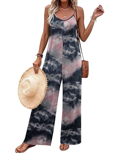 Ekouaer Women Jumpsuits Casual Boho Overalls Sleeveless Spaghetti Strap Long Pants Romper with Pockets Grey Pink Tie Dye XL