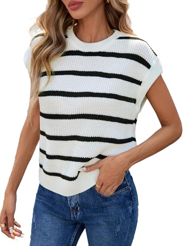 Womens Casual Cute Ribbed Knit Crewneck Cap Sleeve Striped Pullover Sweater Fall 2024