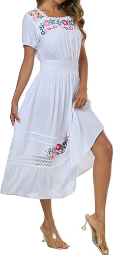 Image of Women's Summer Maxi Dress Casual Floral Embroidered Round Neck Short Sleeve Ruffle Tiered Dress Flowy Boho Beach Sundress