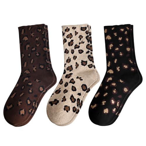 FIYIGO Womens Leopard Animal Crew Socks Cheetah Print Novelty Funny Cotton Ankle Socks 3 Pairs - Black Khaki Brown