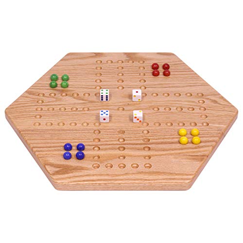 Amishtoybox.com Wooden Wahoo Marbles Game Board Set - Unpainted Holes - 16" Wide - Solid Oak Wood - Double-Sided - With 16Mm Marbles And Dice Included #TOP2