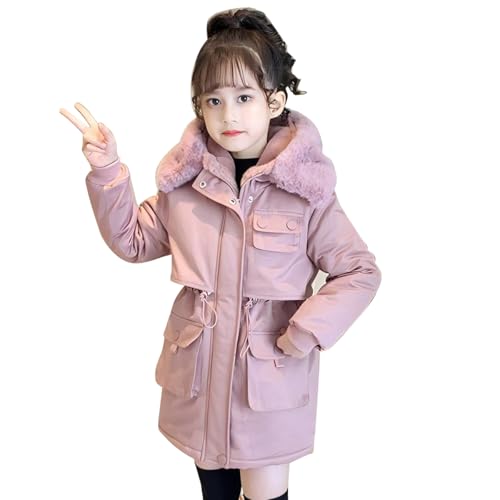linboo Fille Manteau d'Hiver Parka Enfant à Capuche Fourrure Veste Doublure Polaire Chaud Blouson Vêtement d'Exterieur Coupe Vent Doudoune mi Long, Rose, 5-6...