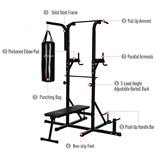 Soozier Home Gym Power Tower with Bench and Punching Bag, Multi-Function Adjustable Dip Sit Up Workout Station Equipment Heavy Duty for Home