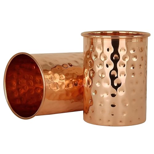 Image of 100% Pure Copper Hammered Tumbler 300ml | Ayurvedic Drinking Glass for Water | Traditional Handcrafted Copper Utensil - 2Pcs Set