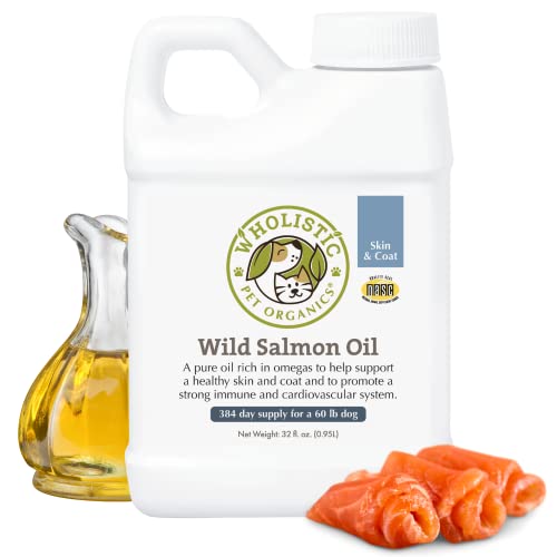 Wholistic Pet Organics Salmon Oil: Deep Sea Wild Alaskan Salmon Oil for Dogs - Omega 3 Dog Fish Oil with EPA and DHA for Skin, Coat, Heart and Nervous System Health - 32 Oz