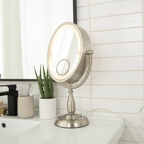 JERDON Nickel Finish Lighted Makeup Mirror – 10X/1X with 15X Spot Magnification – 8”x10” Oval Design – Adjustable Light Settings – Model HL9510NL