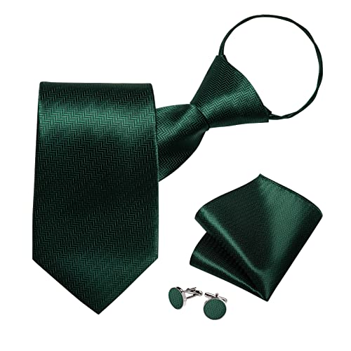 Image of DiBanGu Silk Zipper Ties for Men,Paisley Solid Plaid Pre-tied Tie and Pocket Square Cufflinks Set Formal Adjustable Necktie