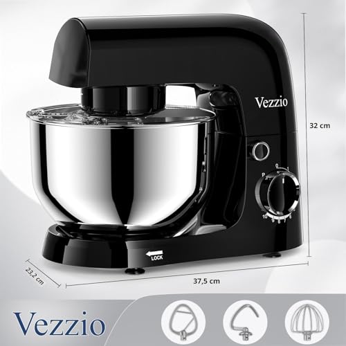 Miniatura 3 de Vezzio Batidora Amasadora,1500w 4.5 L Amasadora De Pan Para Repostería,Bol De Acero Inoxidable De Amasador,Batidor,Varillas Y Protección Para Salpicaduras 10 Velocidades Repostería Profesional