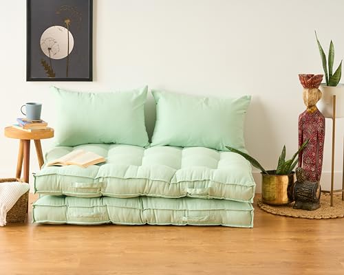Image of SKANDA FAB Low Seating Cushion -100% Cotton Twill, Hand-Plotted Microfiber Filling, Floor Cushion with 2 Back Support Cushions - Ideal for Living Room, Balcony, Lounge- 80x120 Sage Green (Pack of 2)