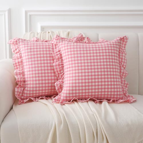 K MASANIJI 2 Pack Coral Pink Gingham Ruffle Throw...