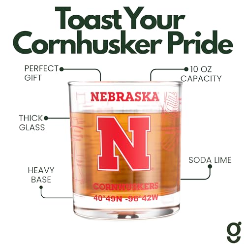 Image of Greenline Goods University of Nebraska Cornhuskers Whiskey Glasses Set of 2, 10 oz Rocks Glasses with Full-Color Logo & Campus Map - Officially Licensed Bourbon Glass Gift for Alumni & Fans