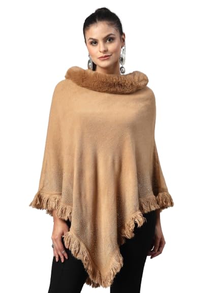 Mafadeny Elegant Poncho with Fur Collar and Fringe Detailing Khaki-picture-20