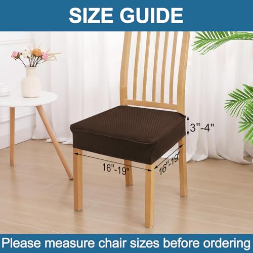 Image of Smiry Waterproof Seat Covers for Dining Room Chairs, No Rear Covers | Stretch Jacquard Removable Washable Chair Seat Slipcovers Protector, Set of 4, Brown