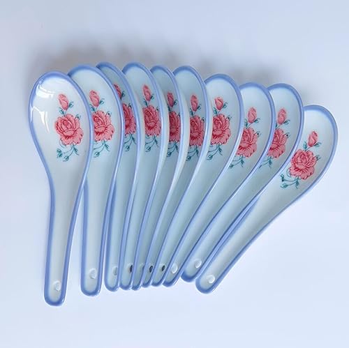 Set of 10 Ceramic Soup Spoons with Flower Pattern - Porcelain, Dishwasher & Microwave Safe