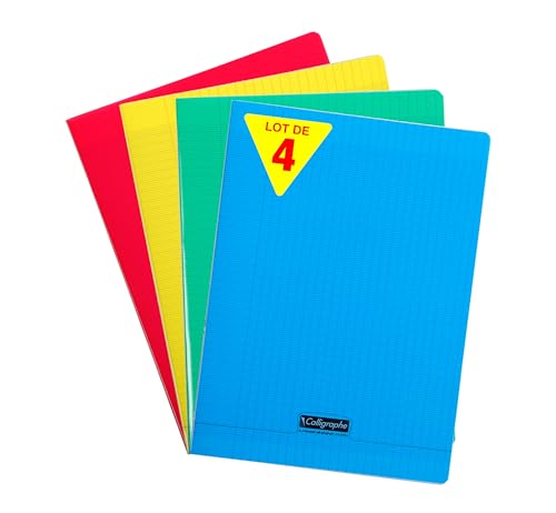 Calligraphe 18399AMZC Un lot de 4 Cahiers Agrafés (une Marque de Clairefontaine) - 24x32 cm - 96 Pages Petits Carreaux 90 g - 4 couleurs assorties (Bleu, Rouge, Jaune et Vert)