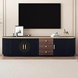 Merax 70.8'' Modern Minimalist TV Stand for TVs up to 80 Inches, Entertainment Center with 3 Drawers and 1 Shelf, Metal Handles and 2 Cabinets for Living Room,Black