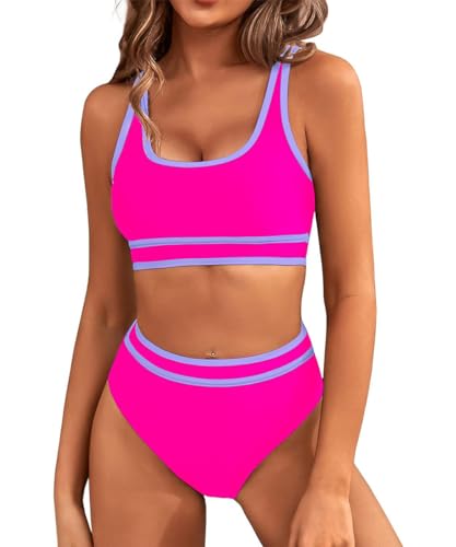 GRMLRPT Costume Piscina Donna Stile Sportivo Bikini Due Pezzi Con Scollo a U Regolabile Top Triangolo Vita Bassa (Rosa, S)