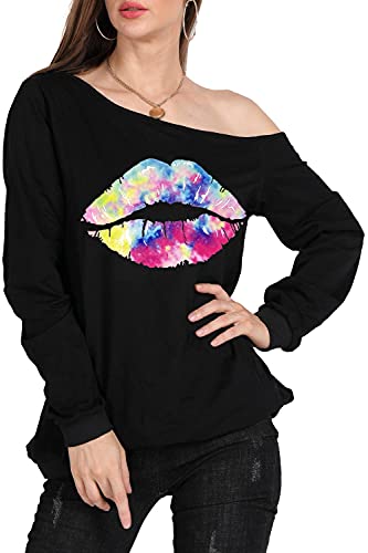 Image of MAGICMK Woman's Sweatershirt Lips Print Causal Blouse Off The Shoulder Long Sleeve Loose Slouchy Pullover Plus Size Tops