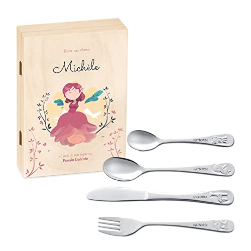 Maverton Set de couverts de table personnalisé dans boîte en bois imprimée - couvert bebe - Thème Animal - Cadeau bapteme fille - Pour filles - Cadeau...