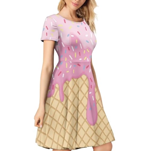 Image of POLERO Women Puffy Swing Elegant Party Midi Dresses Short Sleeve Round Neck A-Line Dress