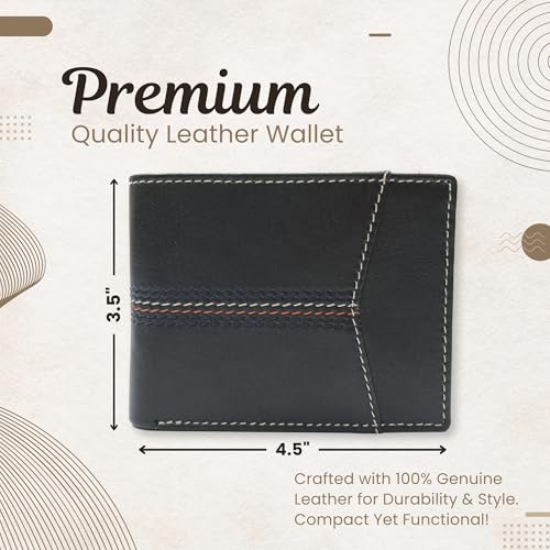 RIVET & BURR Genuine Leather Men’s Bifold Wallet for Men – RFID Blocking, Multi-Color Contrast Stitch – Gift Box, Keychain & Vanity Tray (Black)2