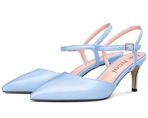 Aachcol Women Stiletto Mid Kitten Heel Pumps Ankle Strap Slingback Pointed Toe Dress Shoes Office Party Wedding Satin 2.5 Inch4