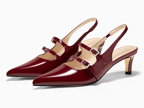 Image of Coutgo Womens Slingback Kitten Heels Mary Jane Pumps Closed Pointed Toe Buckle Strap Wedding Dress Shoes