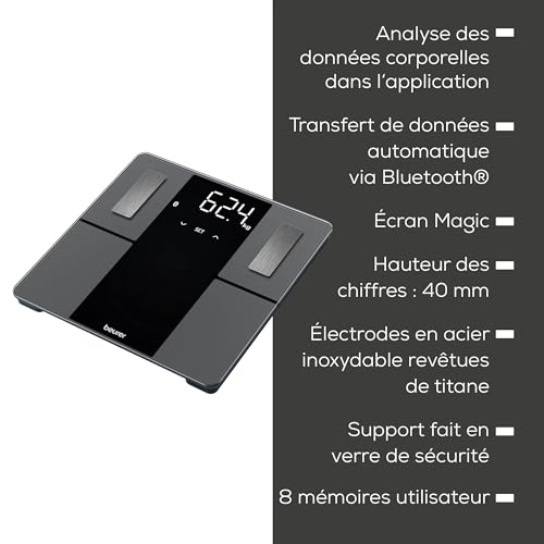 Beurer BF 500 pèse-personne numérique avec Bluetooth & application, mesure de la graisse corporelle, pourcentage de muscle, besoin en calories, etc. transfert de données vers Apple Health & co.
