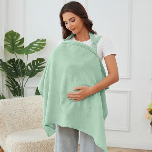 Image of Muslin Nursing Cover for Baby Breastfeeding, Breathable 100% Cotton Breastfeeding Cover with Rigid Hoop for Mother Nursing Apron(Mint Green)