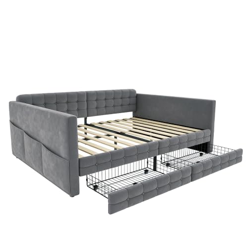 Sofá cama 140x190 cm tapizado en cuadros clásicos con cajones deslizantes y estantes Idemon 4