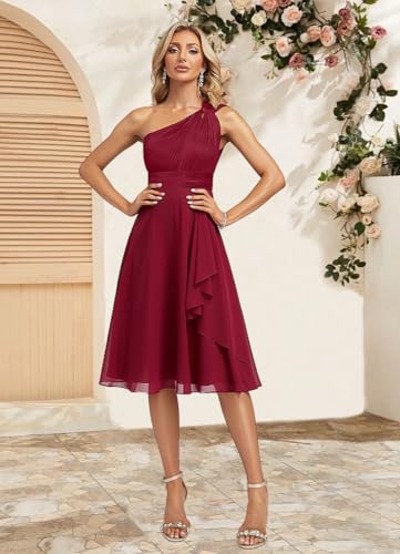 Short Bridesmaid Dresses for Women 2025 A Line Ruched Ruffles Chiffon One Shoulder Formal Dress with Pockets4