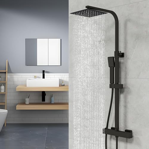 HAPAOSO Colonne de Douche Thermostatique 38 °C, Colonne de Douche Réglable en Hauteur, Ensemble de Pommeau et Douchette pour Salle de Bain (Noir)