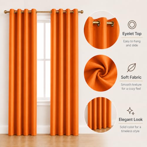 Image of Polyester Eyelet Door Curtain, Solid Plain Light Filtering Curtain for Bedroom, Living Room & Home Office, 7 Feet (84 x 48 Inch), Orange, Pack of 2