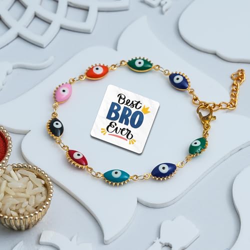 Image of eCraftIndia Evil Eye Design Bracelet Rakhi with Best Bro Ever Fridge Magnet | Rakhi for Brother Bhai | Roli Chawal Pack