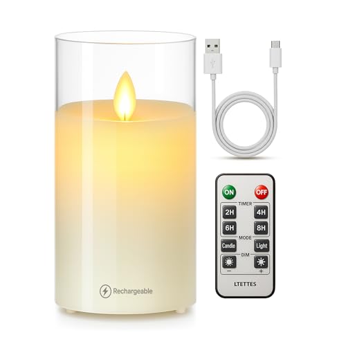 Image of LTETTES Real Wax LED Glass Pillar Flameless Rechargeable Candles | White Glass | USB Type-C Wireless Charging Cable | Remote Control Included | Home Decor & Gifting | Set of 1 (7.5 x 15.8 cm)