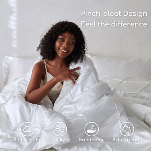 MR&HM Satin Comforter Full 7 Pieces - Luxurious Pinch Pleat Bedding Set with Comforter, Flat Sheet, Fitted Sheet, Pillowcases & Shams, Super Silky Soft Bed Set for All Season (Full, White)
