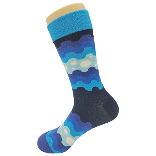 Blue Wave Pattern Dress Socks Funny Novelty Crazy Fun Design Men Size 8-12 Cotton Casual Crew Colorful Funky Fancy Socks Gift for Men3