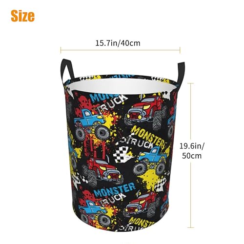 Image of Laundry Basket Monster Truck Room Decor,Round Laundry Hamper Waterproof Dirty Clothes Hamper Collapsible Laundry Baskets With Handles,Toy /Clothes Storage Basket For Home Dorm Bathroom Decor