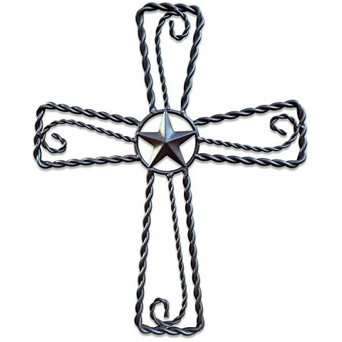 Metal Cross Wall Décor - Rustic Iron Home Art Decorations, Large Texas Country Western Scroll Barn Star Decoration for Living Room or Outdoor, Vintage Hanging Crosses and Stars (Black, 15"x12.5" (SM)) Cover