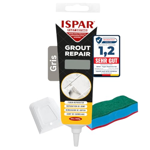 Ispar Kit de reparación de juntas para juntas de azulejos con espátula y esponja, mortero de azulejos, masilla para renovar las juntas (Gris)