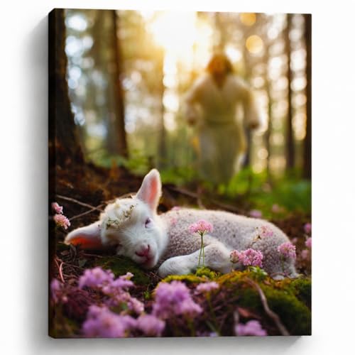 Image of Jesus and Lamb Canvas Wall Art Jesus Runs for the Lost Sheep In Spring Forest Picture Wall Art Canvas Print Christian Home Decor 24x30 inch