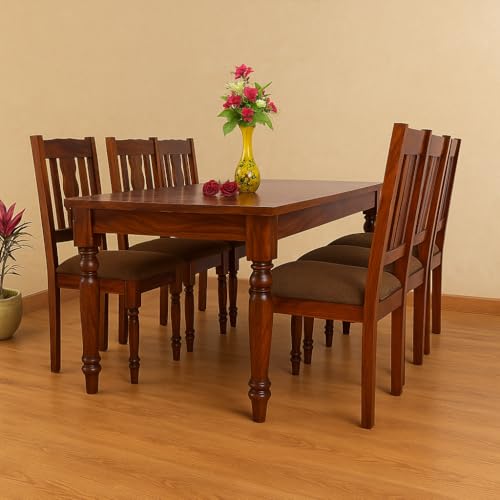 Image of Sheesham Wood 6 Seater Dining Table Set with 6 Chairs | Solid Wood Dining Room Set for Home & Kitchen | Maple Finish | Table (63x32x29 inch), Chair (18x18x39 inch)