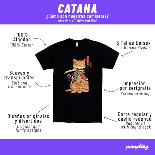 Pampling Camiseta de Manga Corta, 100% Algodón, Ropa Unisex para Hombre y Mujer, Serigrafiada con Cuello Redondo y Corte Recto, Color Negro (Catana, XL)