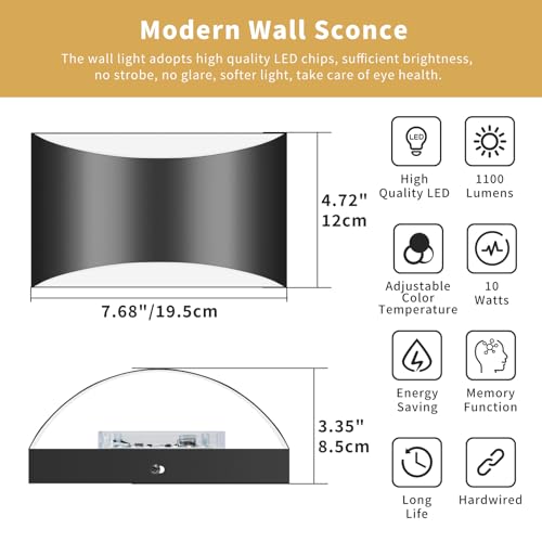 Image of Black Modern LED Wall Sconce, 3 Colors Hardwired Wall Sconces Set of 2 | 3000K /4000K /6000K, 10W Up and Down Wall Mount Light with Memory Function, Wall Lamp for Bedroom Living Room Hallway Corridor